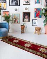 Vintage Turkish runner rug in a living room setting, pile rug, Turkish rug, vintage rug, portland, rug shop, bright colors, wild shaman, soft rug, bold color, Portland, Oregon, rug store, rug shop, local shop, antique rug