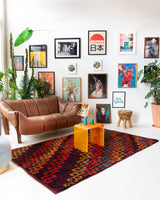 Vintage Turkish rug in a living room setting, pile rug, Turkish rug, vintage rug, portland, rug shop, bright colors, wild shaman, soft rug, bold color, Portland, Oregon, rug store, rug shop, local shop, shag rug, shaggy, plush,tulu rugs