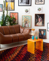 Vintage Turkish rug in a living room setting, pile rug, Turkish rug, vintage rug, portland, rug shop, bright colors, wild shaman, soft rug, bold color, Portland, Oregon, rug store, rug shop, local shop, shag rug, shaggy, plush,tulu rugs