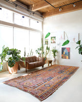 Vintage kilim rug in room decor setting, old rug, antique rug, pastel colors, faded colors, Turkish rug, vintage rug, soft rug, Portland, Oregon, rug store, rug shop, local shop, bold colors, bright colors, faded colors