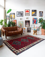 Vintage Turkish rug in a living room setting, pile rug, Turkish rug, vintage rug, portland, rug shop, bright colors, wild shaman, soft rug, bold color, Portland, Oregon, rug store, rug shop, local shop, antique rug