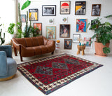 Vintage Turkish rug in a living room setting, pile rug, Turkish rug, vintage rug, portland, rug shop, bright colors, wild shaman, soft rug, bold color, Portland, Oregon, rug store, rug shop, local shop, antique rug