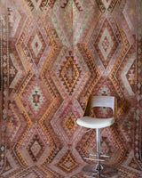 Vintage kilim rug in living room setting, old rug, antique rug, pastel colors, faded colors, Turkish rug, vintage rug, soft rug, Portland, Oregon, rug store, rug shop, local shop, earthy tones, earthy colors, warm colors