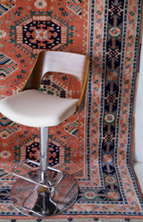 Vintage Turkish rug in a living room setting, pile rug, Turkish rug, vintage rug, portland, rug shop, bright colors, wild shaman, soft rug, bold color, Portland, Oregon, rug store, rug shop, local shop,