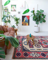 Vintage Turkish rug in a living room setting, pile rug, Turkish rug, vintage rug, portland, rug shop, bright colors, wild shaman, soft rug, bold color, Portland, Oregon, rug store, rug shop, local shop