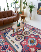 Vintage Turkish rug in a living room setting, pile rug, Turkish rug, vintage rug, portland, rug shop, bright colors, wild shaman, soft rug, bold color, Portland, Oregon, rug store, rug shop, local shop