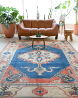 Vintage Turkish rug in living room setting, old rug, antique rug, pastel colors, faded colors, Turkish rug, vintage rug, soft rug, Portland, Oregon, rug store, rug shop, local shop