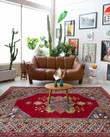 Vintage Turkish rug in a living room setting, pile rug, Turkish rug, vintage rug, portland, rug shop, bright colors, wild shaman, soft rug, bold color, Portland, Oregon, rug store, rug shop, local shop, antique rug