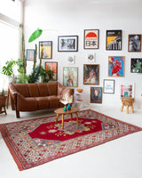 Vintage Turkish rug in a living room setting, pile rug, Turkish rug, vintage rug, portland, rug shop, bright colors, wild shaman, soft rug, bold color, Portland, Oregon, rug store, rug shop, local shop, antique rug