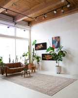 Area rug in a living room setting, pile rug, Turkish rug, old rug, antique rug, pastel colors, faded colors, Turkish rug, vintage rug, soft rug, Portland, Oregon, rug store, rug shop, local shop, distressed rug, worn out rug