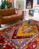 Vintage Turkish rug in a living room setting, pile rug, Turkish rug, vintage rug, portland, rug shop, bright colors, wild shaman, soft rug, bold color, Portland, Oregon, rug store, rug shop, local shop, antique rug