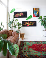 Vintage Turkish rug in a living room setting, pile rug, Turkish rug, vintage rug, portland, rug shop, bright colors, wild shaman, soft rug, bold color, Portland, Oregon, rug store, rug shop, local shop, antique rug