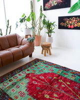 Vintage Turkish rug in a living room setting, pile rug, Turkish rug, vintage rug, portland, rug shop, bright colors, wild shaman, soft rug, bold color, Portland, Oregon, rug store, rug shop, local shop, antique rug