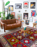 Vintage Turkish rug in a living room setting, pile rug, Turkish rug, vintage rug, portland, rug shop, bright colors, wild shaman, soft rug, bold color, Portland, Oregon, rug store, rug shop, local shop, antique rug