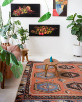 Vintage kilim rug in room decor setting, old rug, antique rug, pastel colors, faded colors, Turkish rug, vintage rug, soft rug, Portland, Oregon, rug store, rug shop, local shop, bold colors, bright colors, faded colors