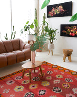Vintage kilim rug in living room setting, bright colors, wild shaman, soft rug, bold color, Portland, Oregon, rug store, rug shop, local shop, vintage rug, modern kilim, warm colors