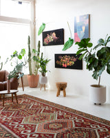 Vintage kilim rug in living room setting, bright colors, wild shaman, soft rug, bold color, Portland, Oregon, rug store, rug shop, local shop, vintage rug, modern kilim, warm colors