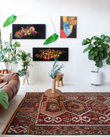 Vintage kilim rug in living room setting, bright colors, wild shaman, soft rug, bold color, Portland, Oregon, rug store, rug shop, local shop, vintage rug, modern kilim, warm colors