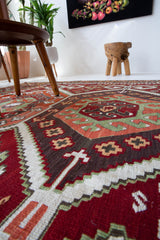 Vintage kilim rug in living room setting, bright colors, wild shaman, soft rug, bold color, Portland, Oregon, rug store, rug shop, local shop, vintage rug, modern kilim, warm colors