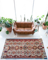 Vintage kilim rug in living room setting, old rug, antique rug, pastel colors, faded colors, Turkish rug, vintage rug, soft rug, Portland, Oregon, rug store, rug shop, local shop, earthy tones, earthy colors, warm colors