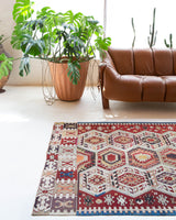 Vintage kilim rug in living room setting, old rug, antique rug, pastel colors, faded colors, Turkish rug, vintage rug, soft rug, Portland, Oregon, rug store, rug shop, local shop, earthy tones, earthy colors, warm colors
