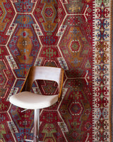 Vintage kilim rug in room decor setting, old rug, antique rug, pastel colors, faded colors, Turkish rug, vintage rug, soft rug, Portland, Oregon, rug store, rug shop, local shop, bold colors, bright colors, faded colors