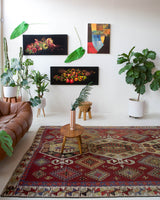 Vintage kilim rug in room decor setting, old rug, antique rug, pastel colors, faded colors, Turkish rug, vintage rug, soft rug, Portland, Oregon, rug store, rug shop, local shop, bold colors, bright colors, faded colors