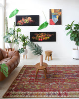 Vintage kilim rug in room decor setting, old rug, antique rug, pastel colors, faded colors, Turkish rug, vintage rug, soft rug, Portland, Oregon, rug store, rug shop, local shop, bold colors, bright colors, faded colors