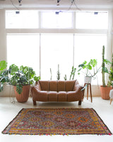 Vintage kilim rug in living room setting, bright colors, wild shaman, soft rug, bold color, Portland, Oregon, rug store, rug shop, local shop, vintage rug, modern kilim, warm colors