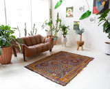 Vintage kilim rug in living room setting, bright colors, wild shaman, soft rug, bold color, Portland, Oregon, rug store, rug shop, local shop, vintage rug, modern kilim, warm colors