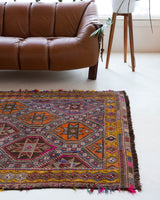 Vintage kilim rug in living room setting, bright colors, wild shaman, soft rug, bold color, Portland, Oregon, rug store, rug shop, local shop, vintage rug, modern kilim, warm colors