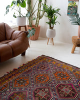 Vintage kilim rug in living room setting, bright colors, wild shaman, soft rug, bold color, Portland, Oregon, rug store, rug shop, local shop, vintage rug, modern kilim, warm colors