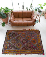 Vintage kilim rug in living room setting, bright colors, wild shaman, soft rug, bold color, Portland, Oregon, rug store, rug shop, local shop, vintage rug, modern kilim, warm colors