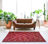 Vintage kilim rug in living room setting, bright colors, wild shaman, soft rug, bold color, Portland, Oregon, rug store, rug shop, local shop, vintage rug, modern kilim, warm colors