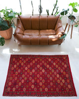 Vintage kilim rug in living room setting, bright colors, wild shaman, soft rug, bold color, Portland, Oregon, rug store, rug shop, local shop, vintage rug, modern kilim, warm colors