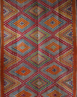 Vintage kilim rug in living room setting, bright colors, wild shaman, soft rug, bold color, Portland, Oregon, rug store, rug shop, local shop, vintage rug, modern kilim, warm colors