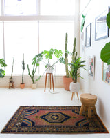 Vintage Turkish rug in a living room setting, pile rug, Turkish rug, vintage rug, portland, rug shop, bright colors, wild shaman, soft rug, bold color, Portland, Oregon, rug store, rug shop, local shop, antique rug