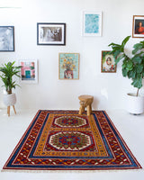 Vintage Turkish rug in a living room setting, pile rug, Turkish rug, vintage rug, portland, rug shop, bright colors, wild shaman, soft rug, bold color, Portland, Oregon, rug store, rug shop, local shop, antique rug