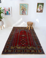 Vintage Turkish rug in a living room setting, pile rug, Turkish rug, vintage rug, portland, rug shop, bright colors, wild shaman, soft rug, bold color, Portland, Oregon, rug store, rug shop, local shop, antique rug