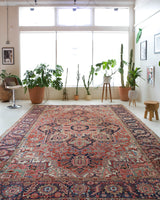 Antique Persian area rug in a living room setting, pile rug, Turkish rug, old rug, antique rug, pastel colors, faded colors, Turkish rug, vintage rug, soft rug, Portland, Oregon, rug store, rug shop, local shop, distressed rug, worn out rug