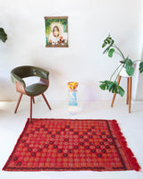 Vintage mini kilim rug in room decor setting, kilim, Turkish rug, vintage rug, portland, rug shop, bright colors, wild shaman, soft rug, bold color, Portland, Oregon, rug store, rug shop, local shop