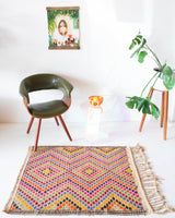 Vintage mini kilim rug in room decor setting, kilim, Turkish rug, vintage rug, portland, rug shop, bright colors, wild shaman, soft rug, bold color, Portland, Oregon, rug store, rug shop, local shop
