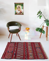 Vintage mini kilim rug in room decor setting, kilim, Turkish rug, vintage rug, portland, rug shop, bright colors, wild shaman, soft rug, bold color, Portland, Oregon, rug store, rug shop, local shop