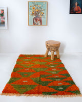 Vintage Turkish rug in a living room setting, pile rug, Turkish rug, vintage rug, portland, rug shop, bright colors, wild shaman, soft rug, bold color, Portland, Oregon, rug store, rug shop, local shop, shag rug, shaggy, plush