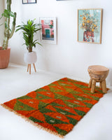 Vintage Turkish rug in a living room setting, pile rug, Turkish rug, vintage rug, portland, rug shop, bright colors, wild shaman, soft rug, bold color, Portland, Oregon, rug store, rug shop, local shop, shag rug, shaggy, plush