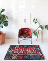 Vintage mini kilim rug in room decor setting, kilim, Turkish rug, vintage rug, portland, rug shop, bright colors, wild shaman, soft rug, bold color, Portland, Oregon, rug store, rug shop, local shop