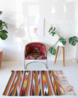 Vintage mini kilim rug in room decor setting, kilim, Turkish rug, vintage rug, portland, rug shop, bright colors, wild shaman, soft rug, bold color, Portland, Oregon, rug store, rug shop, local shop