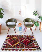 Vintage mini kilim rug in room decor setting, kilim, Turkish rug, vintage rug, portland, rug shop, bright colors, wild shaman, soft rug, bold color, Portland, Oregon, rug store, rug shop, local shop