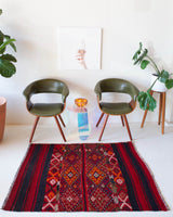 Vintage mini kilim rug in room decor setting, kilim, Turkish rug, vintage rug, portland, rug shop, bright colors, wild shaman, soft rug, bold color, Portland, Oregon, rug store, rug shop, local shop