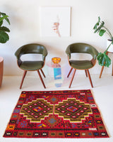 Vintage mini kilim rug in room decor setting, kilim, Turkish rug, vintage rug, portland, rug shop, bright colors, wild shaman, soft rug, bold color, Portland, Oregon, rug store, rug shop, local shop